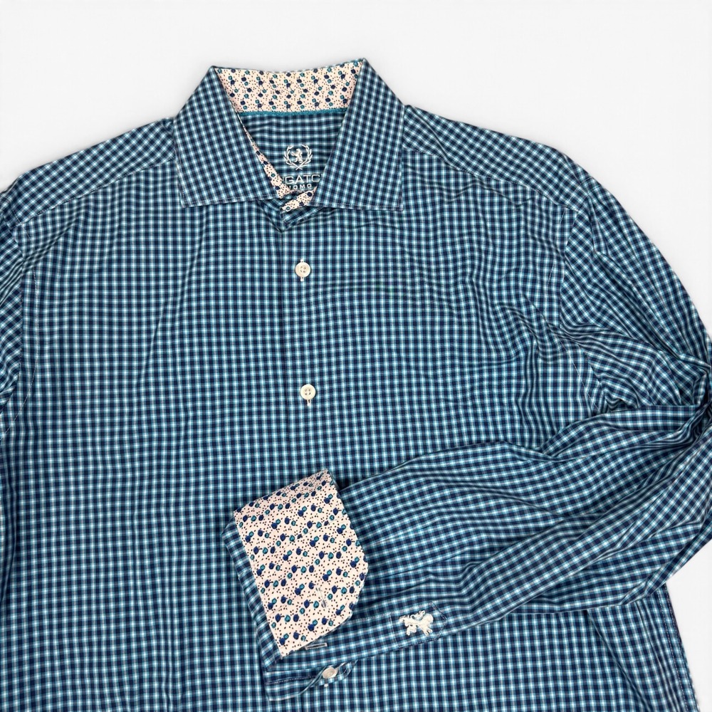 Bugatchi Uomo Mens Blue Gingham Check Cotton Dress Shirt 16 34/35 Floral Trim